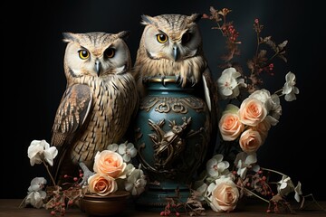There are Three Owls Sitting on top of a vase with flowers generative, generative IA