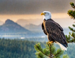 Mighty Bald Eagle Perched on a Pine Tree Overlooking a Vast Wilderness