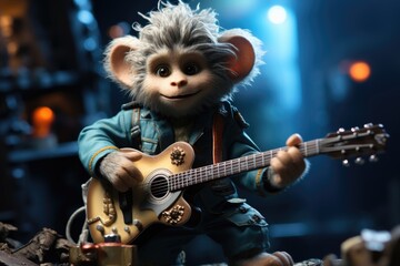 A monkey playing a guitar with a blue background, generative IA