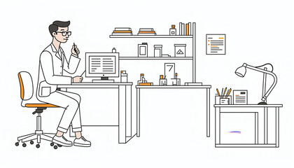 Fototapeta premium Illustrative abstract depiction in fine line drawing of a scientist performing scientific experiments in a laboratory