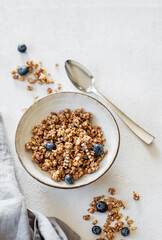Granola with blueberries in a bowl on a light background with fresh berries, spoon and morning sunlight.