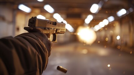 A handgun with a flying bullet. A hand holding a gun on a blurry background