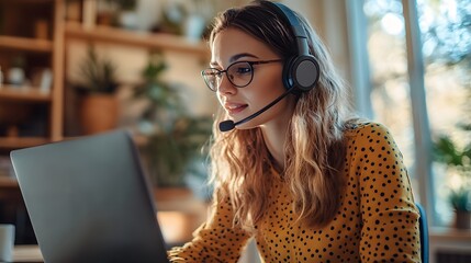 Young woman in glasses working remotely with a headset in a cozy home office