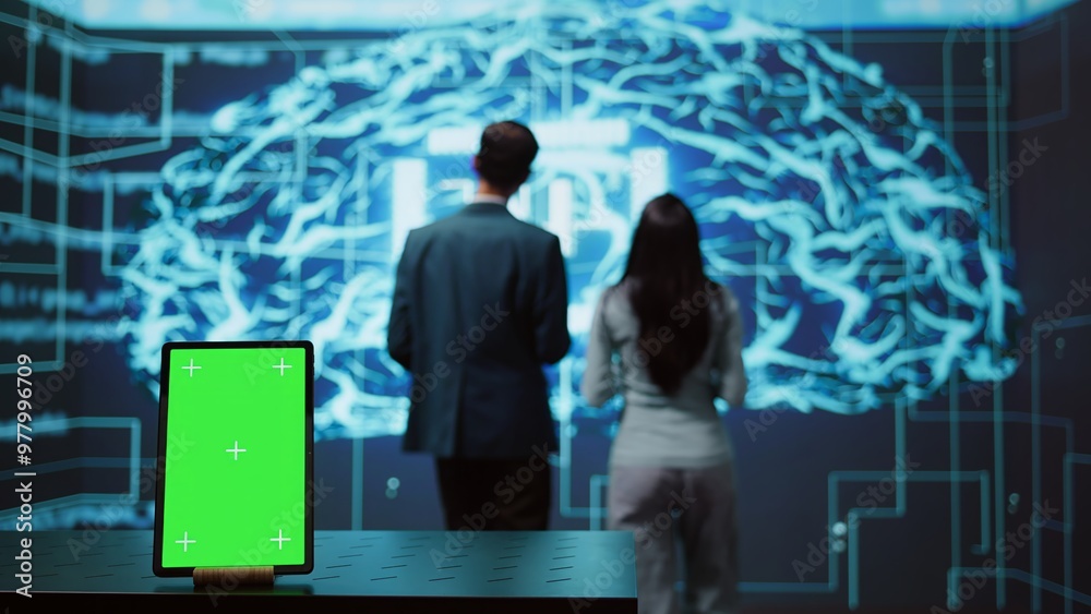 Poster engineers use green screen tablet and ai neural networks modeled after human brain to solve complex 