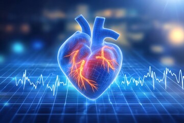 Fiery Digital Heart with Cardiogram Line on Blue Grid Representing Heartbeat Energy and Advanced Cardiovascular Technology