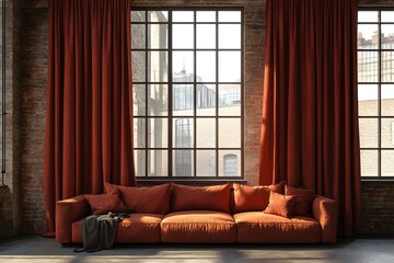 Obraz premium Sunlit red theater curtains against industrial brick wall and large windows