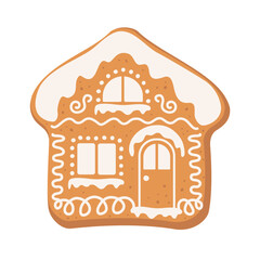 Gingerbread House Winter Cookie with decorative sweet glaze and icing. Vector flat illustration design isolated on white background. Traditional Christmas cookies.. Homemade holiday ginger baking