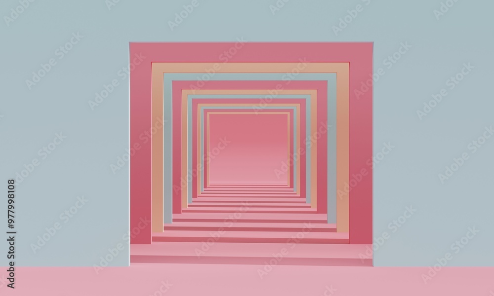 Poster a pastel geometric tunnel with repeating square frames creating depth and symmetry. 3d rendering