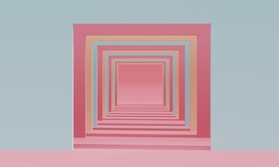 A pastel geometric tunnel with repeating square frames creating depth and symmetry. 3d rendering 