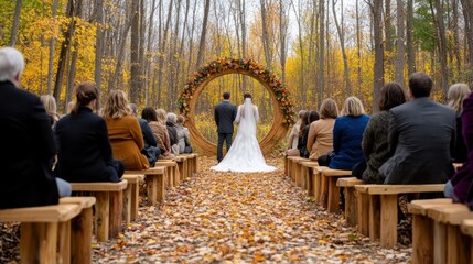 Fototapeta premium A couple is getting married in a wooded area with leaves, AI