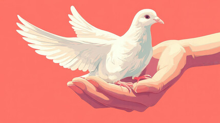 Obraz premium child's hands holding white dove, book graphics, flat illustration, international day of peace, september 21, symbol, pigeon, flight, wings, feathers, bird, animal, postcard, biblical, world peace day