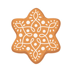 Gingerbread House Winter Cookie with decorative sweet glaze and icing. Vector flat illustration design isolated on white background. Traditional Christmas holiday cookies.. Homemade ginger baking