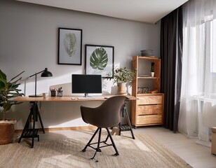 Fototapeta premium Minimalist home office setup with ergonomic furniture and clutter-free workspace