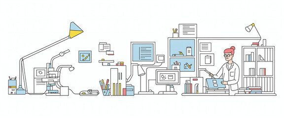 Fototapeta premium Illustrative abstract depiction in fine line drawing of a scientist performing scientific experiments in a laboratory