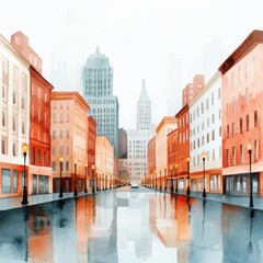 Fototapeta premium Charming cityscape featuring colorful buildings reflecting in a serene waterway, evoking a tranquil urban atmosphere.