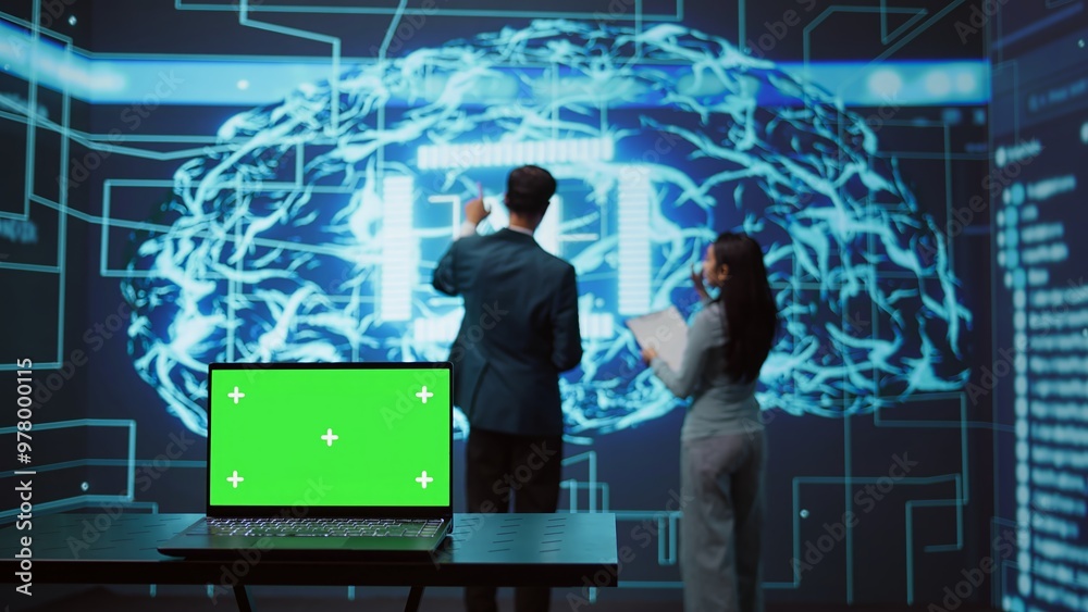 Poster teamworking ai technicians using green screen laptop for business data analysis. team of it experts 