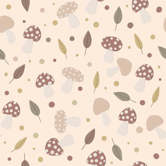 Autumn seamless pattern with mushrooms and leaves