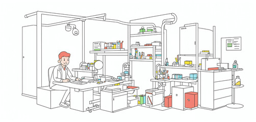 Illustrative abstract depiction in fine line drawing of a scientist performing scientific experiments in a laboratory
