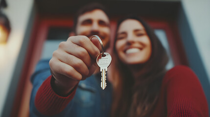 Happy couple holding keys to their new home at front door