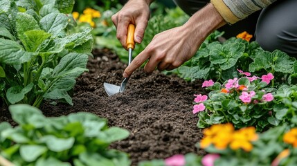 Fototapeta premium Hands Planting Flowers in a Garden Bed with Fresh Soil and Blooming Plants