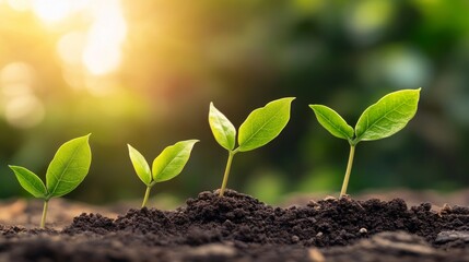 Fototapeta premium seedlings growing in dark soil, each with vibrant green leaves. They are illuminated by warm, golden sunlight, creating a serene and hopeful atmosphere. The softly blurred background