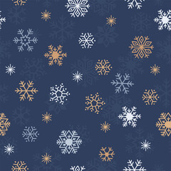 White and golden snowflakes on a blue background seamless pattern