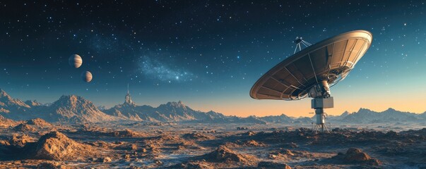 Obraz premium Futuristic Space Landscape with Satellite Dish and Planets in the Starry Sky