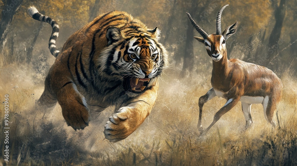 Sticker A Tiger Chases a Gazelle Through Tall Grass in a Golden Forest