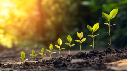 seedlings growing in dark soil, each with vibrant green leaves. They are illuminated by warm, golden sunlight, creating a serene and hopeful atmosphere. The softly blurred background