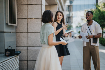 A group of three young professionals engaged in a discussion about a project while standing outdoors on a city street.