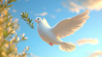 Fototapeta premium 3D illustration of white dove with olive branch in beak against blue sky, International Day of Peace, September 21, symbol, pigeon, flight, wings, feathers, bird, animal, postcard, biblical story