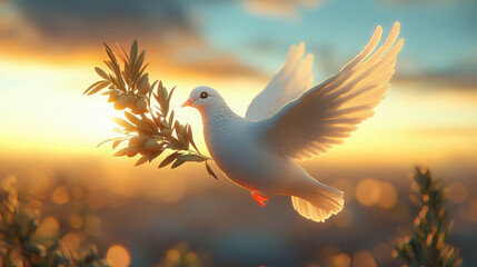 3D illustration of white dove with olive branch in beak against blue sky, International Day of Peace, September 21, symbol, pigeon, flight, wings, feathers, bird, animal, postcard, biblical story