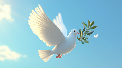 Fototapeta premium 3D illustration of white dove with olive branch in beak against blue sky, International Day of Peace, September 21, symbol, pigeon, flight, wings, feathers, bird, animal, postcard, biblical story