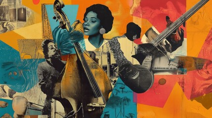 Abstract Collage with Musical Instruments and a Woman's Portrait