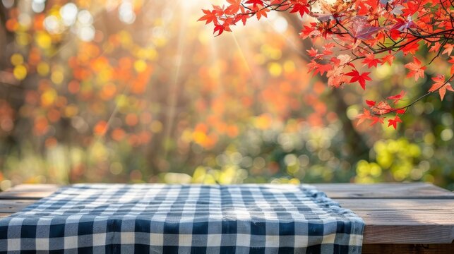 Close up of wooden table with blue and white checkered cloth in autumn sunlight at Oktoberfest banner empty space for design