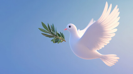 Obraz premium 3D illustration of white dove with olive branch in beak against blue sky, International Day of Peace, September 21, symbol, pigeon, flight, wings, feathers, bird, animal, postcard, biblical story
