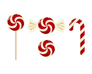 A set of red and white peppermint candies in various forms, including a lollipop, hard candy, and candy cane. Perfect for holiday themed designs and confectionery packaging.