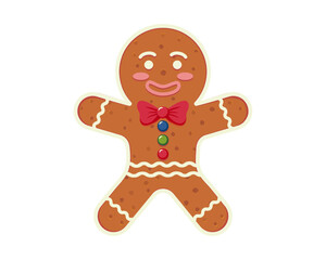 A smiling gingerbread man decorated with white icing, jelly beans, and a red bowtie. For Christmas themed project, greeting card, decoration, or culinary design.