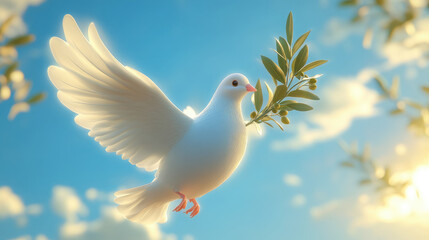 3D illustration of white dove with olive branch in beak against blue sky, International Day of Peace, September 21, symbol, pigeon, flight, wings, feathers, bird, animal, postcard, biblical story
