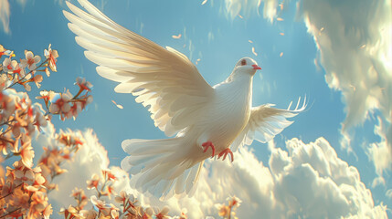 3D illustration of white dove fly in blue sky, International Day of Peace, September 21, symbol, pigeon, flight, wings, feathers, bird, animal, postcard, pacifism, world peace day