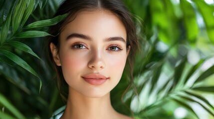 Fototapeta premium Beauty Portrait of a Young Woman Surrounded by Tropical Foliage