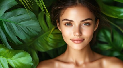 Naklejka premium Beauty Portrait of a Young Woman Surrounded by Tropical Foliage