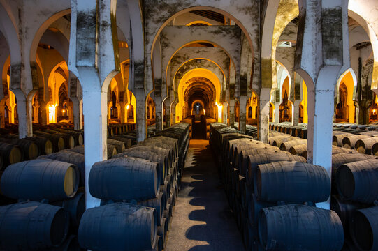 Solera system in bodegas, Andalusian wine cellar, process for aging different sherry wine in barrels, producing of jerez fortified wine, Jerez de la Frontera, Andalusia, Spain