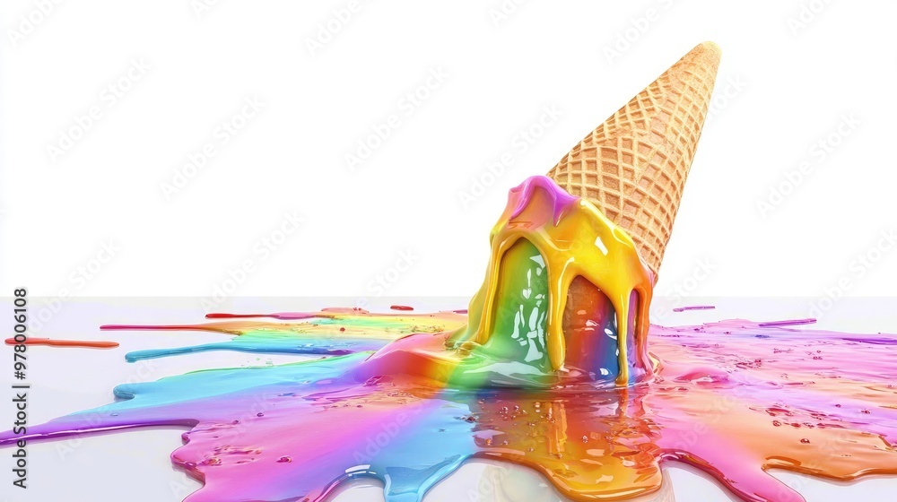 Wall mural 3d melting summer ice cream cone with rainbow pride color splash liquid isolate on transparency back