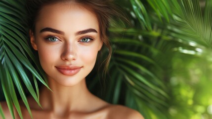 Fototapeta premium Flawless Skin Beauty Portrait with Exotic Leaves
