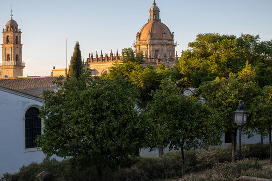 Walking in old part of Jerez de la Frontera, Sherry wine making town, Andalusia, Spain in summer, architectural details, Andalusian style, churches and towers