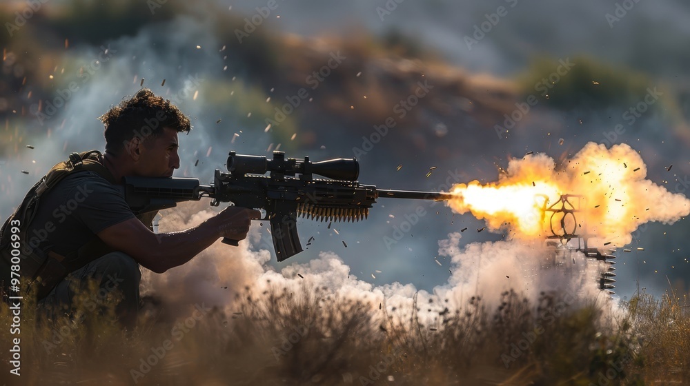 Wall mural A soldier lying down shoots a machine gun. A military man makes shots from a machine gun