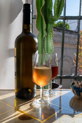 Sherry fino, manzanilla, olorosso wine, jerez fortified wine made from palomino white grape served in Jerez de la Frontera, Cadiz, Andalusia, Spain