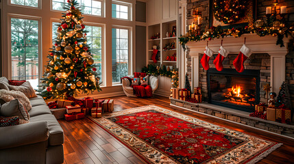 Cozy christmas living room with decorated tree and fireplace