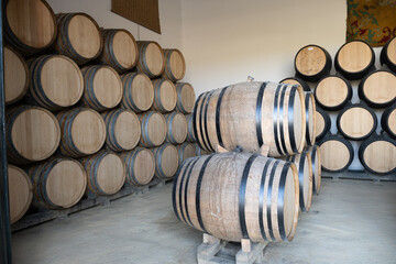 Sherry wine making process in Jerez triangle, Jerez de la Frontera, oak barrels in wine cellars, solera system of aging sherry wine, Andalusia, Spain